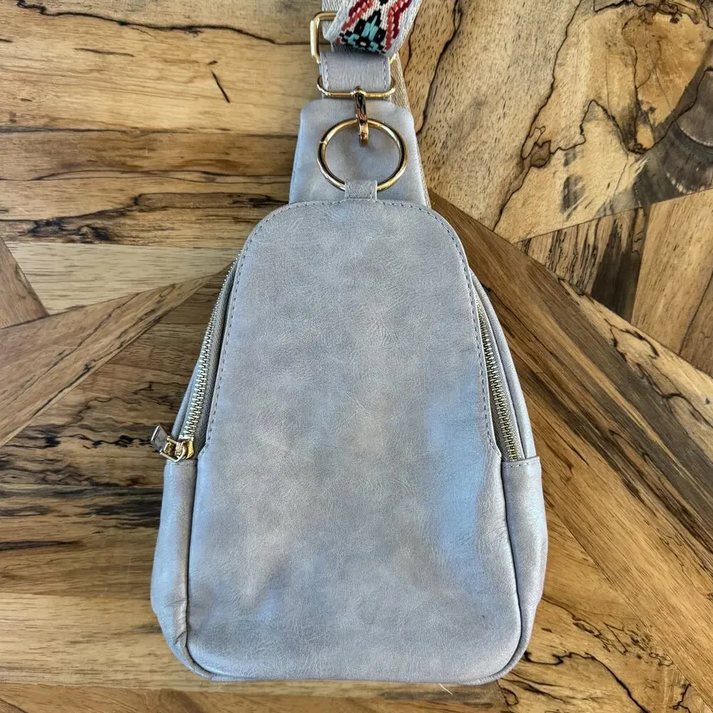 Moda Luxe Regina Vegan Leather Sling Backpack Gray Silver Boho Guitar Strap 888